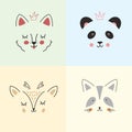 Cute Animal face. Cartoon animals collection, dog, panda, deer and raccoon. Vector illustration Royalty Free Stock Photo