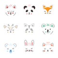 Cute Animal face. Cartoon animals collection, dog, panda, fox, deer, raccoon, koala, bear, rabbit and cat. Vector illustration Royalty Free Stock Photo