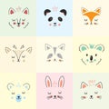 Cute Animal face. Cartoon animals collection, dog, panda, fox, deer, raccoon, koala, bear, rabbit and cat. Vector illustration Royalty Free Stock Photo