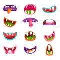 Cute animal face expressions and emotions. Funny cartoon monster comic mouth set