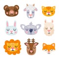 Cute animal face heads icon set with hearts on the nose. Bear, koala, cat, rabbit, lama, fox, lion, sheep and deer. Royalty Free Stock Photo