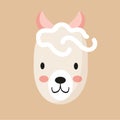 Cute animal face, sheep avatar, lamb muzzle, head. Nursery character card for childish design