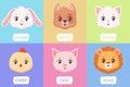 Cute animal faces. Cartoon wild characters, baby kids pastel colors cards with lion dog kitty vector set
