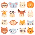 Cute animal faces. Color animal portraits, cuteness tiger, funny bunny head and funny fox face vector illustration set