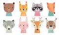 Cute animal faces. Hand drawn characters