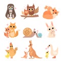 Cute Animal Families Set, Penguin, Owl, Squirrel, Fox, Snail, Rabbit, Hen, Kangaroo, Goose Vector Illustration