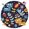 Cute animal floral set of cats, flowers, plants, leaf, hearts, friends