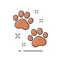 Cute animal foot. Footprint dog or cat. Graphic outline paw. Pet service. Icon pawprint in comic style. Paw prints. Cute sign dogs