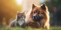 cute animal friends cat and dog in the park .Generative AI
