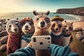 Cute animal friends taking a selfie with a smartphone on the beach