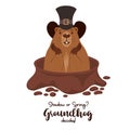 Cute animal groundhog character looks out of hole. Holiday cool card Groundhog Day. February 2. Vector illustration.