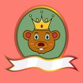 Cute Animal Head With Crown On Frame Label. Bear Head. Perfect For Cartoon, Logo, Icon and Character Design