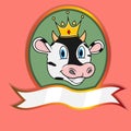 Cute Animal Head With Crown On Frame Label. Cow Head. Perfect For Cartoon, Logo, Icon and Character Design Royalty Free Stock Photo