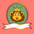 Cute Animal Head With Crown On Frame Label. Lion Head. Perfect For Cartoon, Logo, Icon and Character Design Royalty Free Stock Photo