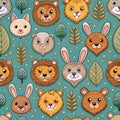 Cute animal heads seamless pattern on teal background Royalty Free Stock Photo