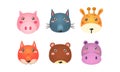 Cute animal heads set, funny faces of pig, wolf, giraffe, fox, bear, hippo vector Illustration on a white background Royalty Free Stock Photo