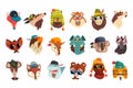 Cute Animal Heads Set, Owl, Koala, Wolf, Elephant, Tiger, Fox Wearing Stylish Headgears and Sunglas Cartoon Vector