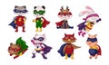 Cute animal hero. Heroic character. Baby superhero stickers set. Cat and raccoon in masks. Colorful costumes. Adorable