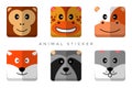Cute Animal Icon Sticker. Monkey, Giraffe, Cow, Fox, Raccoon, Rabbit