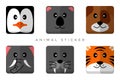 Cute Animal Icon Sticker. Penguin, Koala, Dog, Elephant, Sea Lion, Tiger