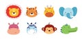 Cute animal kawaii characters. Funny lion, tiger, giraffe, elephant, monkey, hippo, zebra and crocodile. The faces of