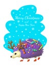 The hedgehog walks and bears candies, a card a congratulation merry Christmas and new year. Vector illustration