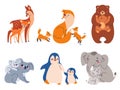 Cute animal moms and babies. Cartoon funny mothers and children, fauna characters, parent with kids, lovely zoo families