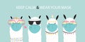 Cute animal object collection with llama wear mask.Vector illustration for prevention the spread of bacteria,coronviruses.Keep