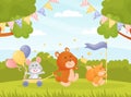 Cute Animal Parade with Flag and Balloon Vector Illustration