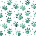 Cute Animal paws vector seamless pattern. Abstract spotted turquoise cat or dog footprints on white background.