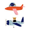 Cute Animal Pilot Flying Retro Plane with Propeller in the Sky Vector Set Royalty Free Stock Photo