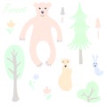 Cute animal and plant forest vector color characters set