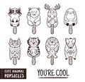 Cute animal popsicles outline illustration. Vector ice cream set