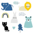 Cute animal scandinavian drawing set elements. Vector illustration, Good for baby`s shirt design, fashion design. Funny baby Royalty Free Stock Photo