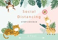 Cute animal social ditancing collection with leopard,giraffe,monkey is wearing mask.Vector illustration for prevention the spread