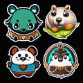 Cute animal sticker panda dog sea lion chicken with outlined isolated to print