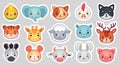 Cute animal stickers. Smiling adorable animals faces, kawaii sheep and funny chicken cartoon vector illustration set