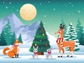 cute animals around of christmas tree in the snowscape