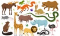 Cute animals for baby. Wild giraffe moose camel and deer, rhinoceros. hare, wolf and bear with lion and tiger. vintage