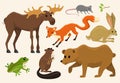 Cute animals for baby. Wild moose and deer, hare, wolf and bear. frog and fox. vintage world. Cartoon vector. Royalty Free Stock Photo