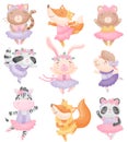 Cute animals in ballerina dresses. Vector illustration on white background. Royalty Free Stock Photo