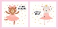 Cute animals ballerina girls posters, cards set Royalty Free Stock Photo