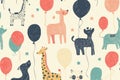 Cute animals with balloons and stars in a playful pattern design