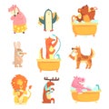 Cute animals bathing and washing in water, set for label design. Hygiene and care, cartoon detailed Illustrations Royalty Free Stock Photo
