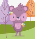 Cute animals bear with bees forest trees meadow cartoon