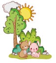Cute animals, bear and rabbit tree sun cartoon Royalty Free Stock Photo