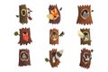 Cute animals and birds sitting in hollow of tree set, hollowed out old tree and fox, owl, wolf, raccoon, woodpecker and