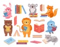 Cute animals with books. Animal read, book stacks. School study characters, bird rabbit bear in library. Children