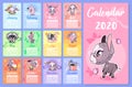 Cute animals 2020 calendar design template with cartoon kawaii characters. Wall poster, calender creative pages layout pack. Royalty Free Stock Photo