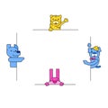 Cute animals cartoon characters peeping. Yellow cat, blue dogs, pink rabbit looking around corners. Playful peekaboo